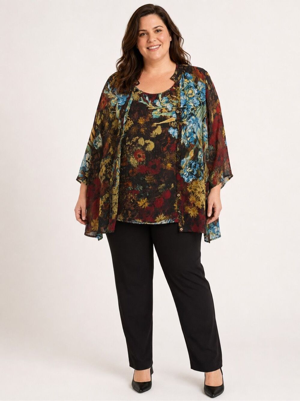 Citron Santa Monica 100% Silk Floral Two-Piece Tunic Jacket & Shell Set 3X